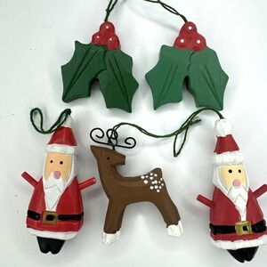 Vintage Lot Of 5 Mini Christmas Ornaments Holly Santa And Reindeer